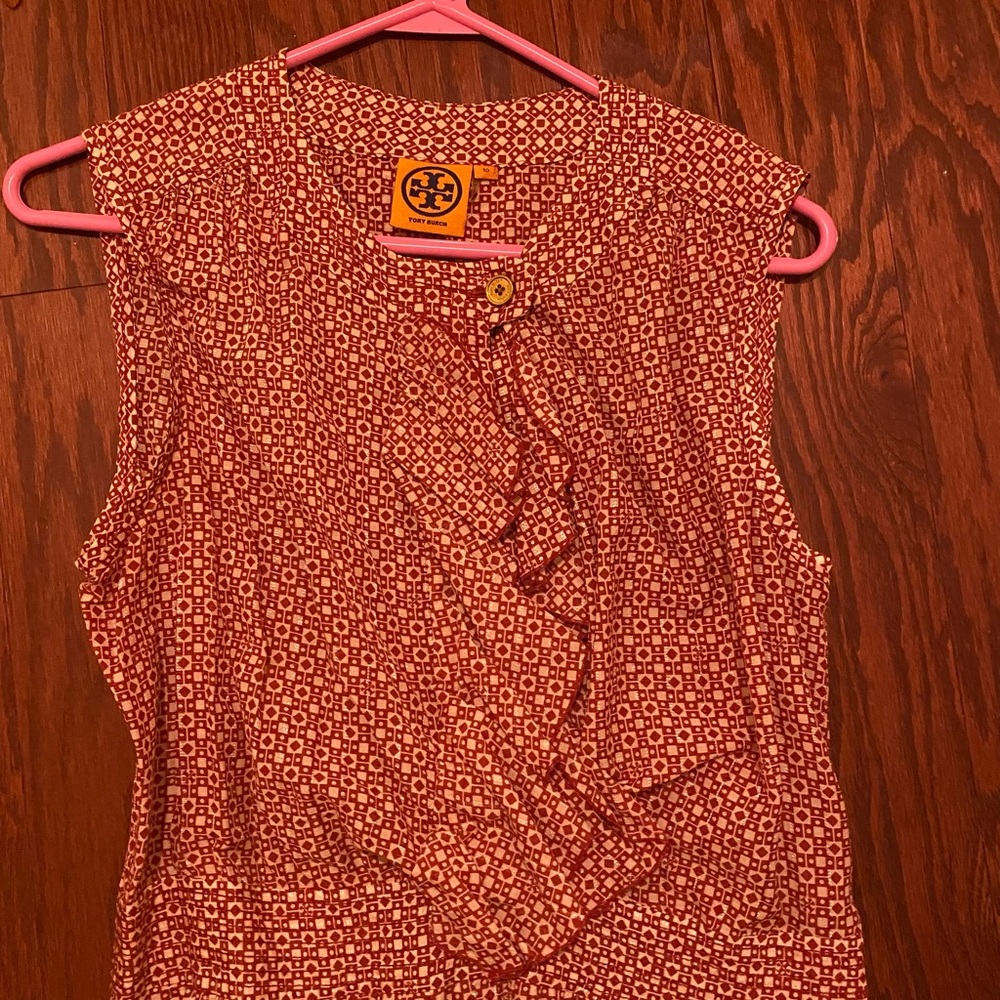 TORY BURCH Sleeveless geometric print ruffle shirt dress sz 10